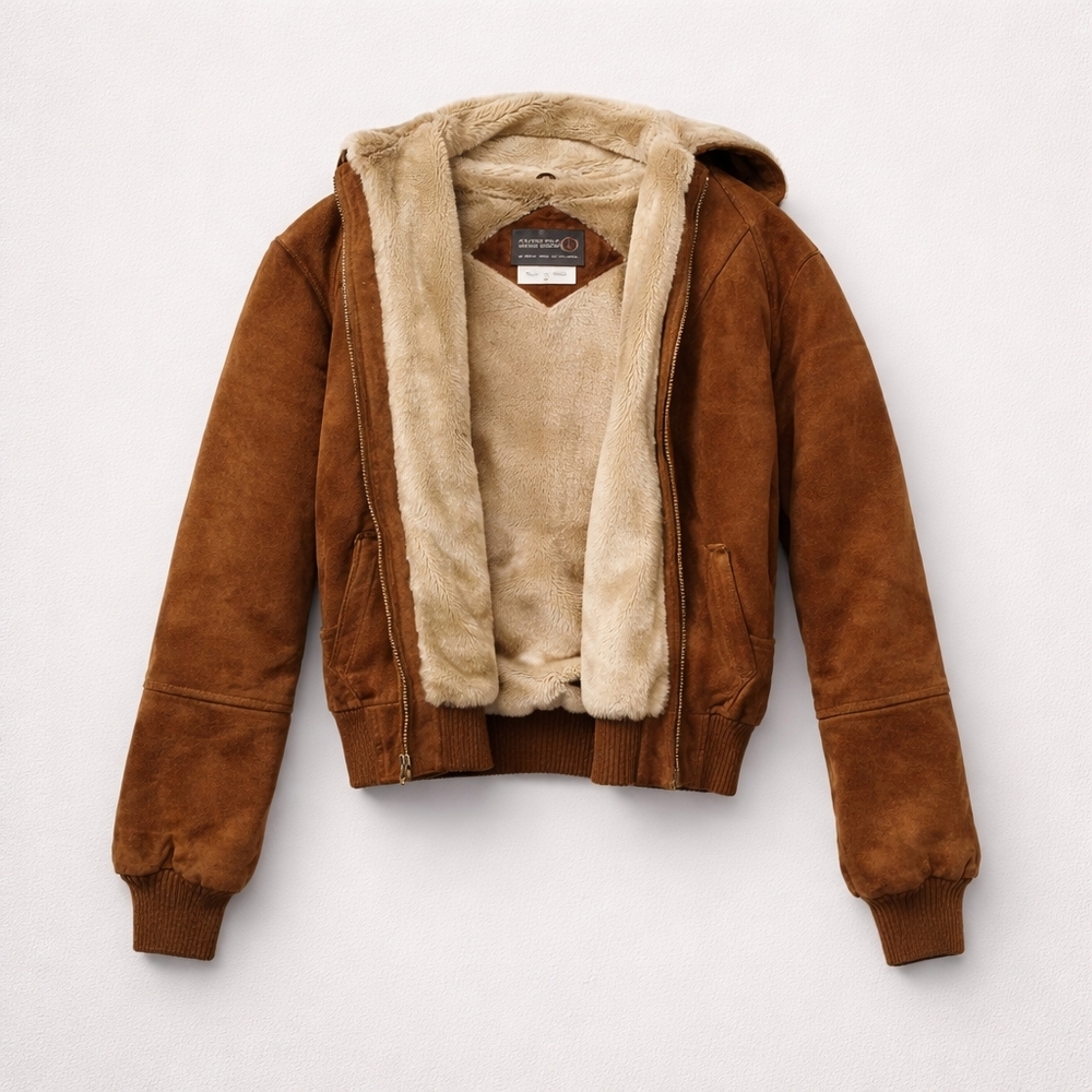 Vintage Shepler's Brown Suede Soft Shearling Lined Bomber Jacket 12* Small  Hood - Picture 2 of 16